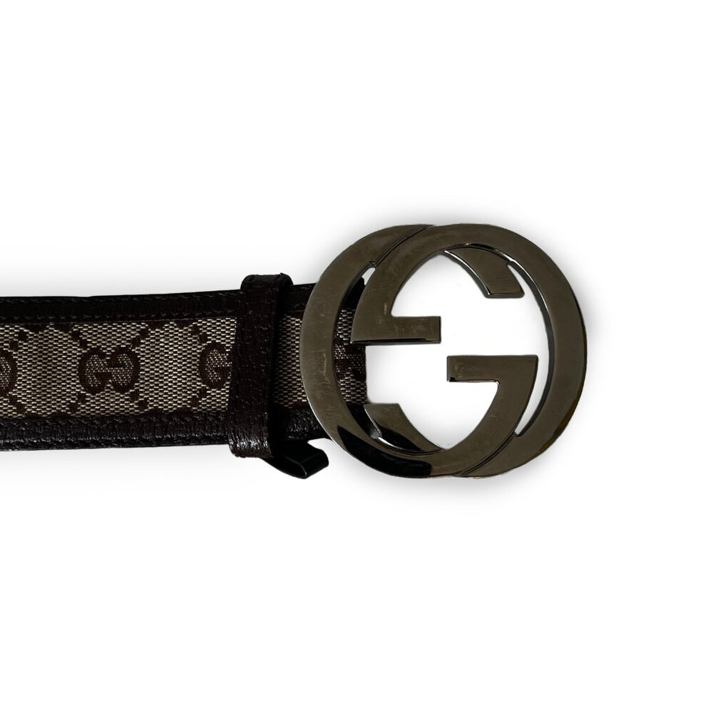 Gucci Bronze Monogram Canvas Leather Interlocking G Buckle Belt Size 85 - Picture 2 of 4